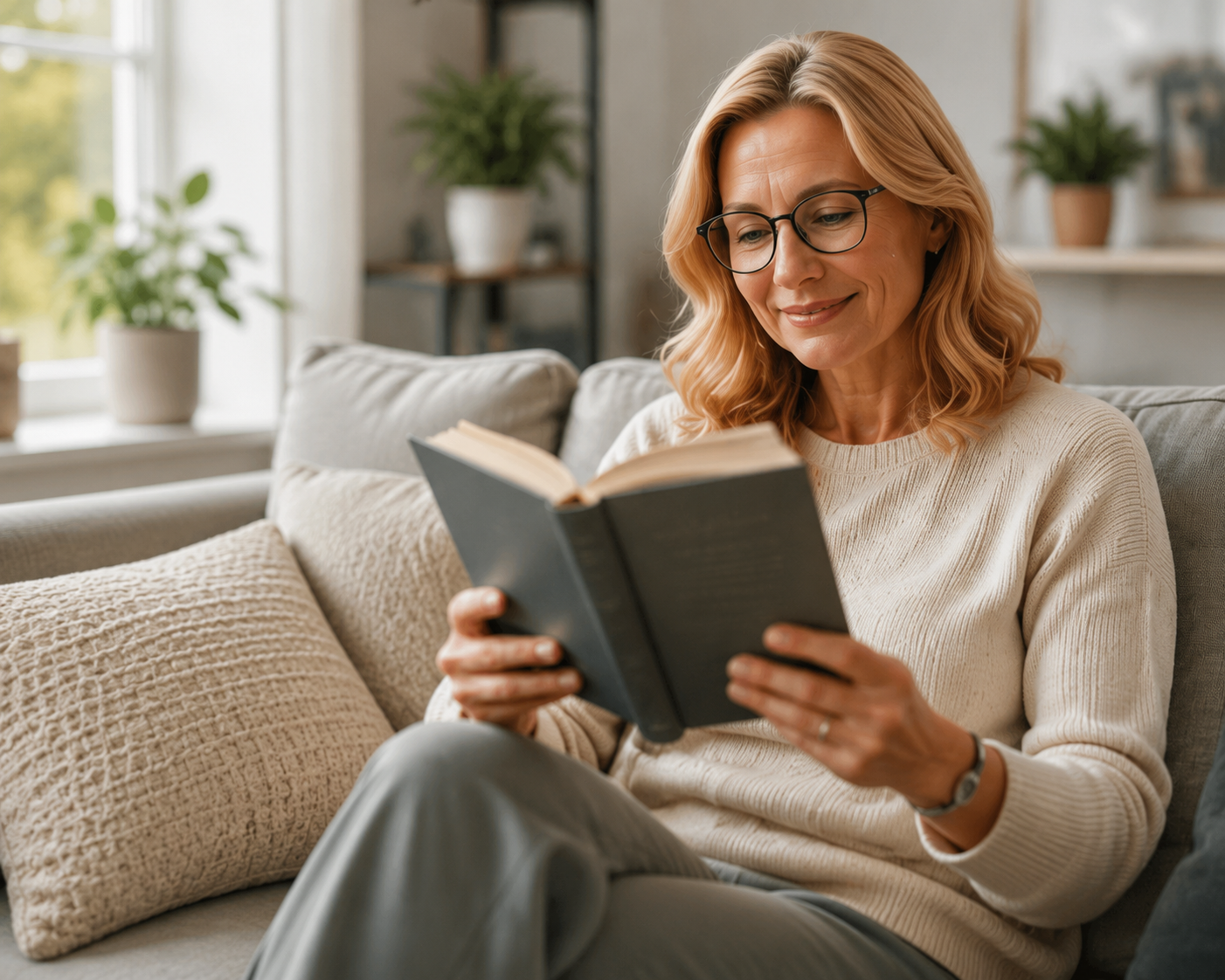 Frau mit Gleitsichtbrille beim Lesen eines Buches